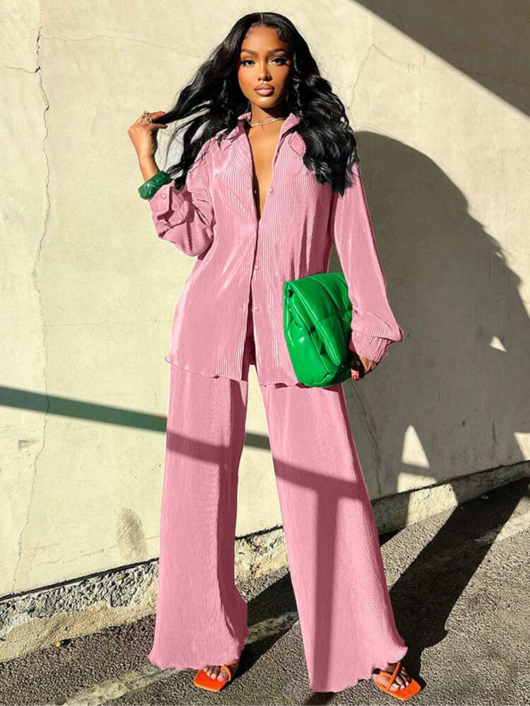 Chic Soft Pink Pleated Tunic Button Closure & Pants Set