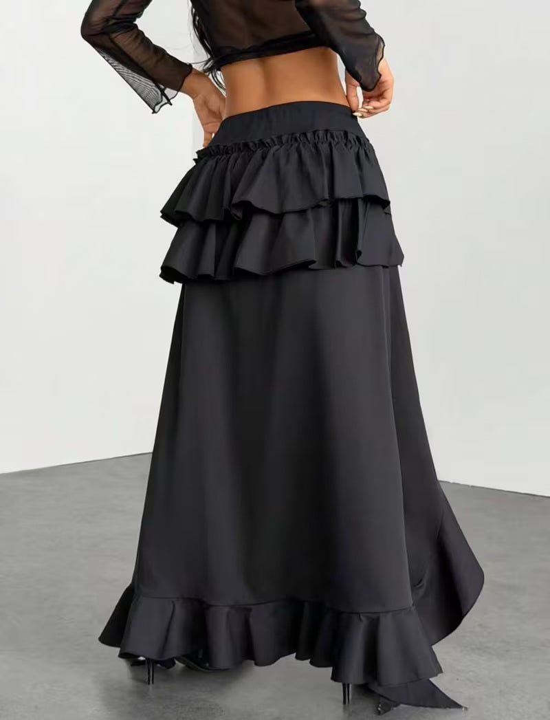 Gothic Black Ruffle Tiered High Low Maxi Skirt