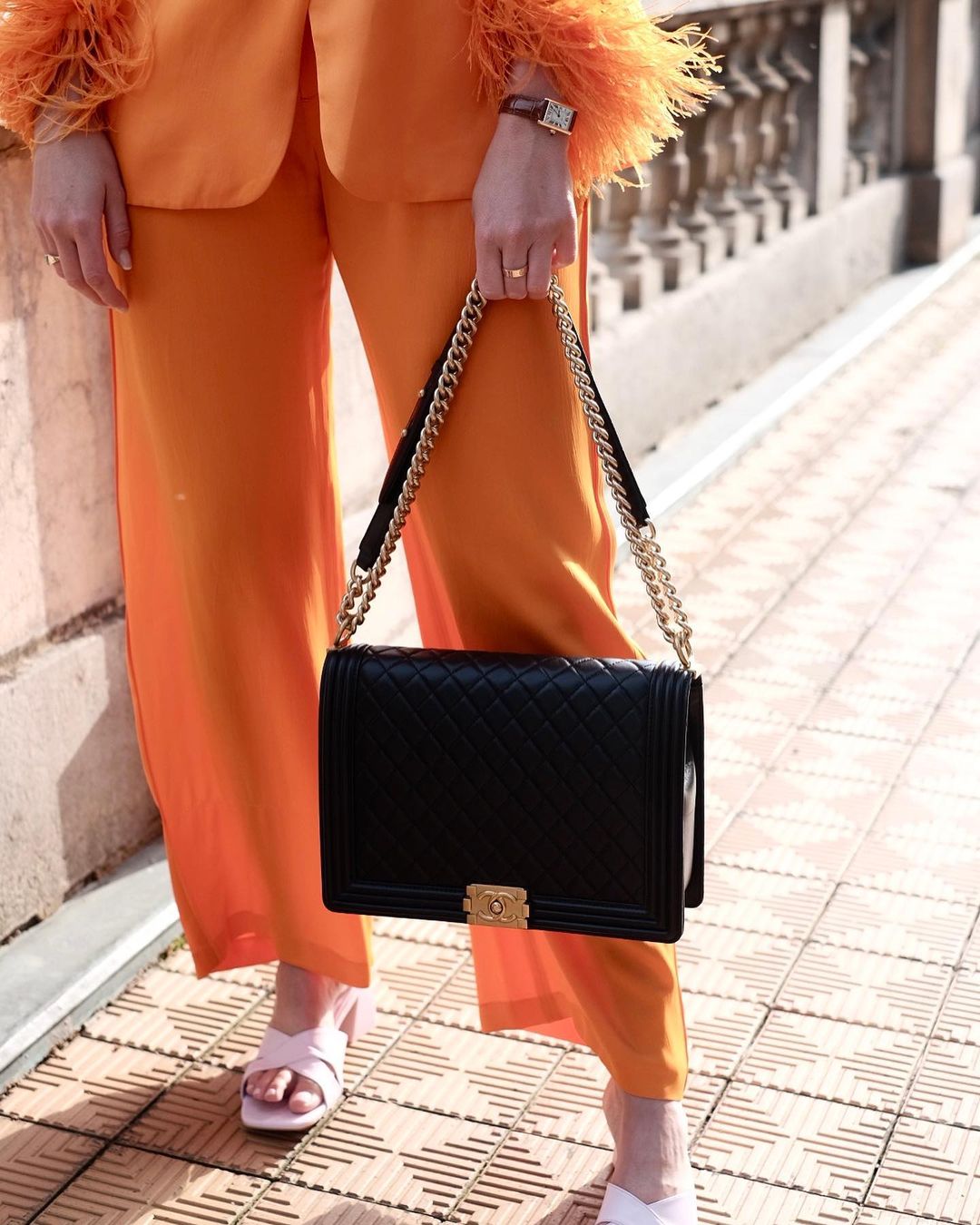 Vibrant Orange Feather Cuff Blazer Jacket & Pants Suit Set