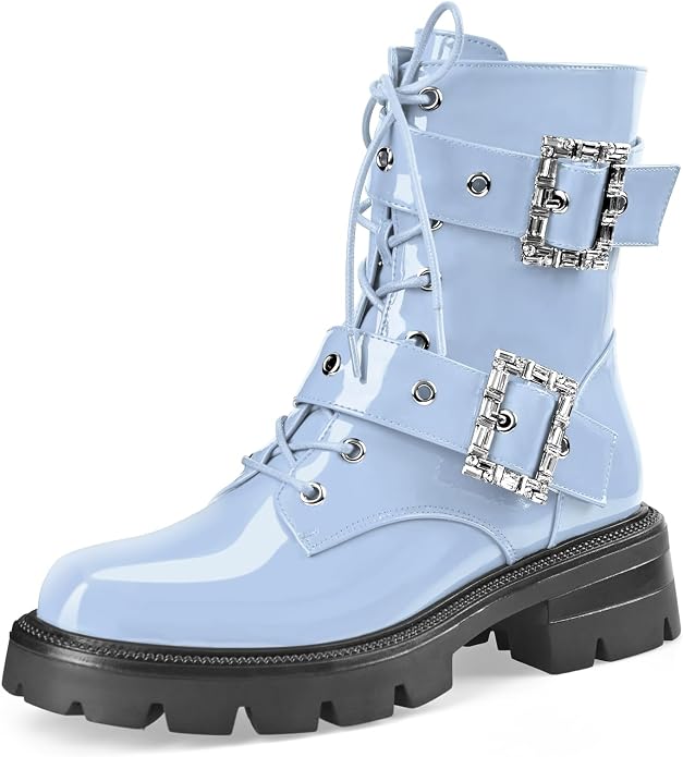 Cool Cornflower Blue Buckle Detail Round Toe Combat Ankle Boots (PRE-ORDER)