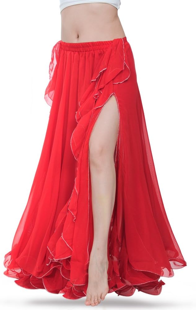 Exotic Red Chiffon Ruffled Gypsy Bellydance Maxi Skirt