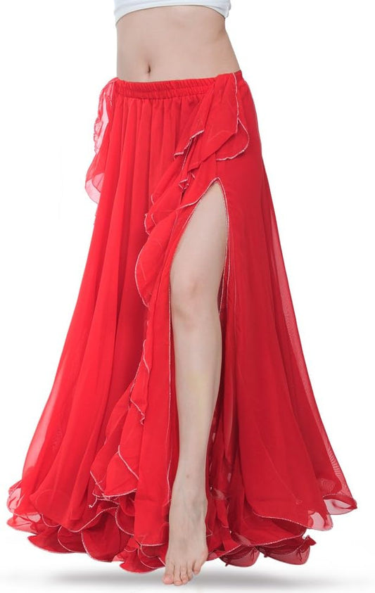 Exotic Red Chiffon Ruffled Gypsy Bellydance Maxi Skirt