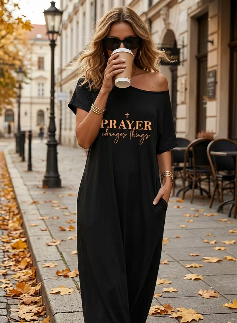 "FAITH CHANGES THINGS" Black & Gold Inspirational Scripture Maxi Dress