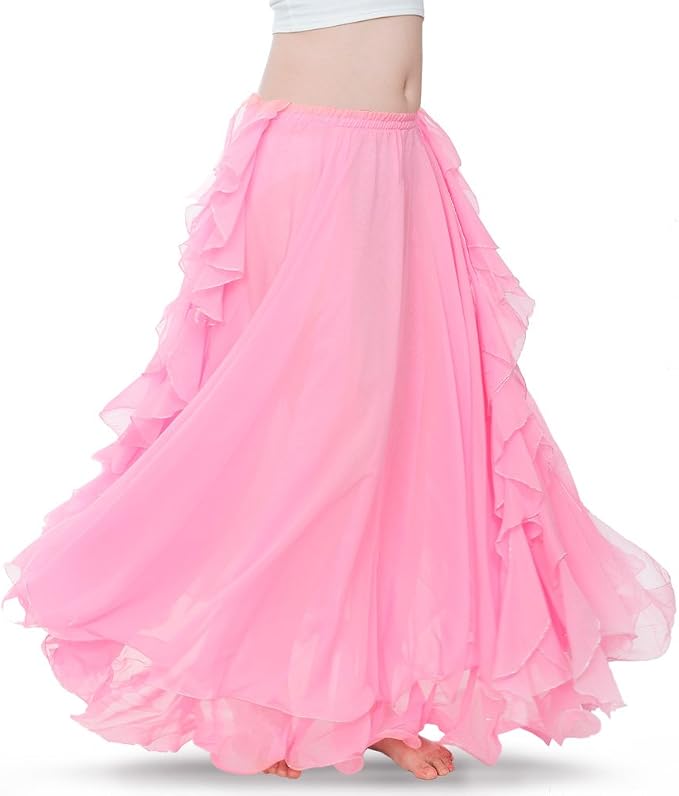Romantic Pink Chiffon Ruffled Boho Maxi Skirt