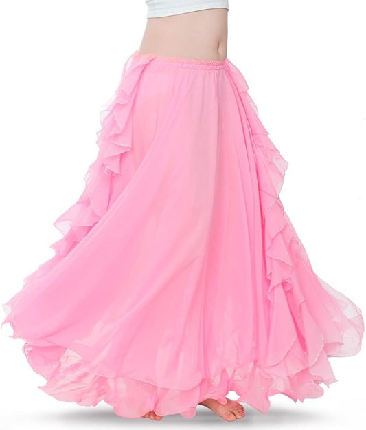 Romantic Pink Chiffon Ruffled Boho Maxi Skirt