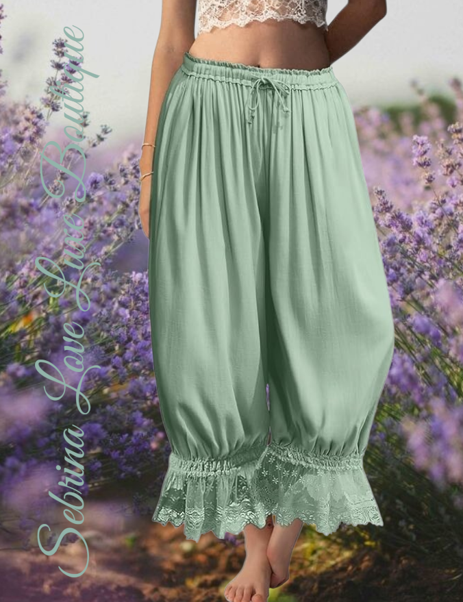 Romantic Victorian Inspired Mint Green Boho Wide Leg Pantaloon Bloomer Harem Pants