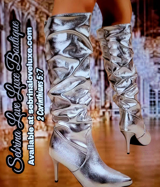 Beautiful Metallic Silver Slouchy Boots