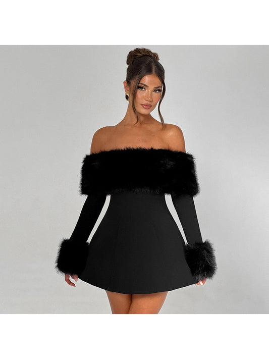 Sexy Black Fur Trim Bardot Off The Shoulder Skater Mini Dress