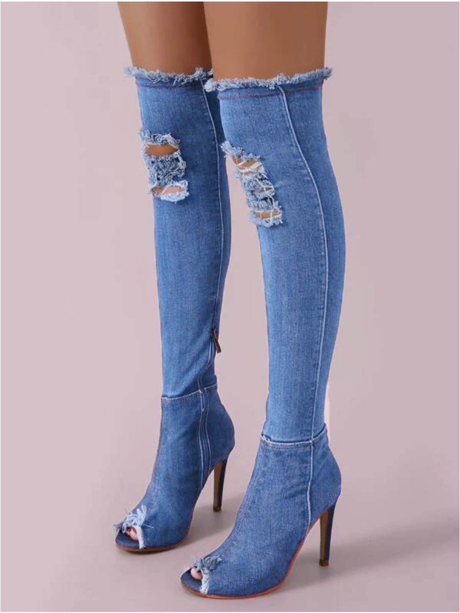 Sexy Boho Peeptoe Distressed Denim Over The Knee Boots