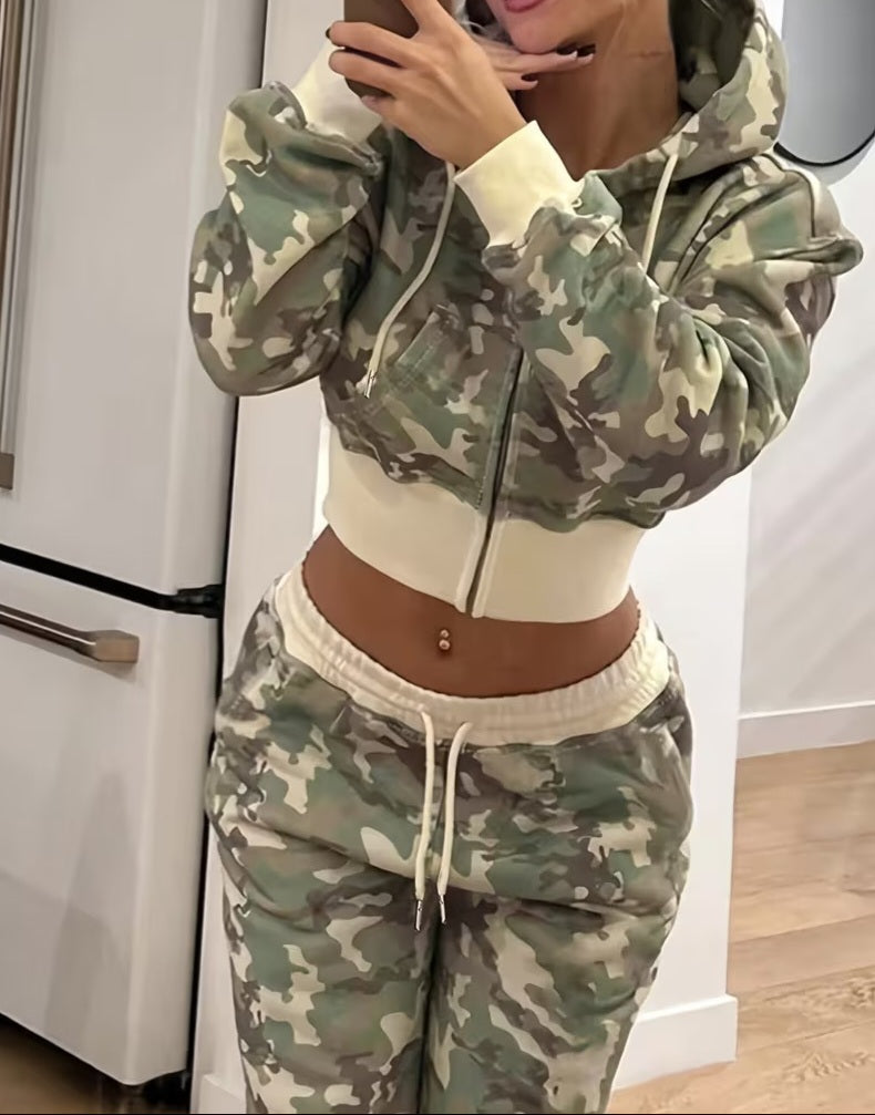 Cool Military Inspired 2pc Green/Khaki Camouflage Print Jogger Set