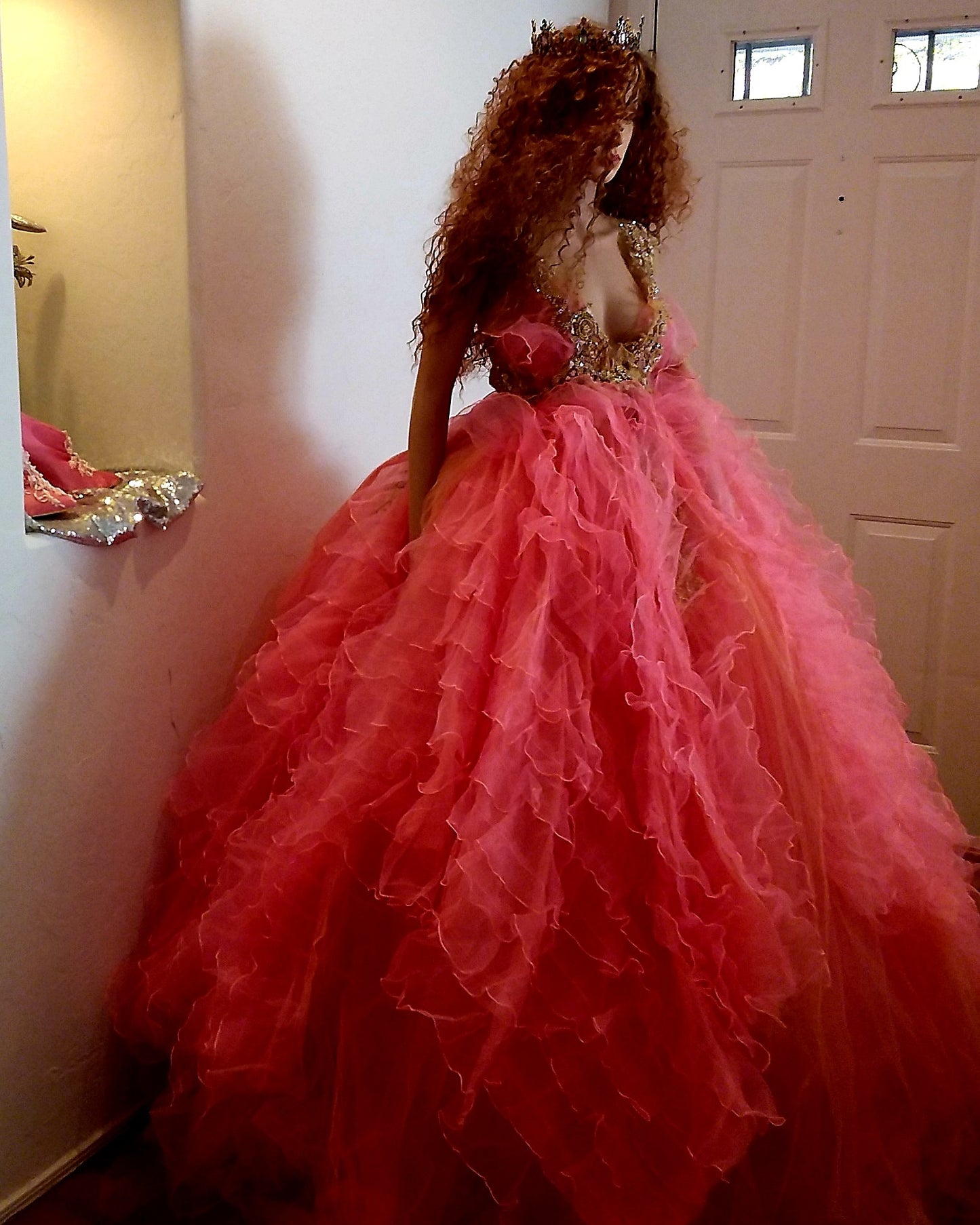 🌺LEXINGTON🌺 Coral & Gold Embroidered Lace Organza Wedding Ballgown Set