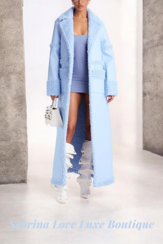 Luxe Baby Blue Faux Leather Faux Shearling Trim Maxi Coat