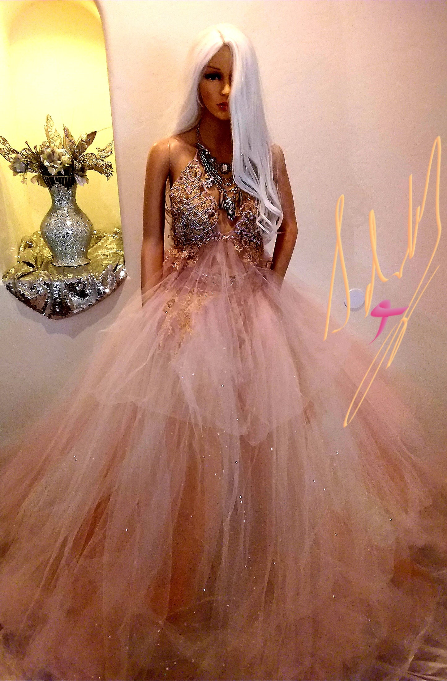 "ANNABELLA"Boho Blush Lace & Tulle Wedding Ballgown Set