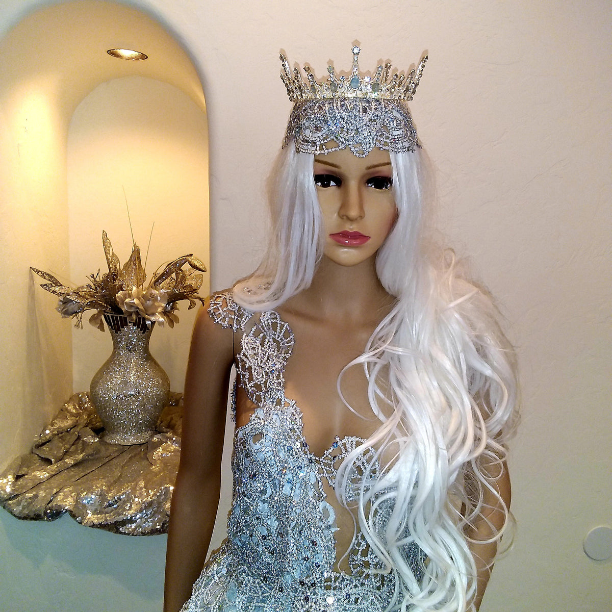 Regal 2pc Medieval Inspired Silver Lace Crystal Rhinestone Bejeweled Bridal Headpiece