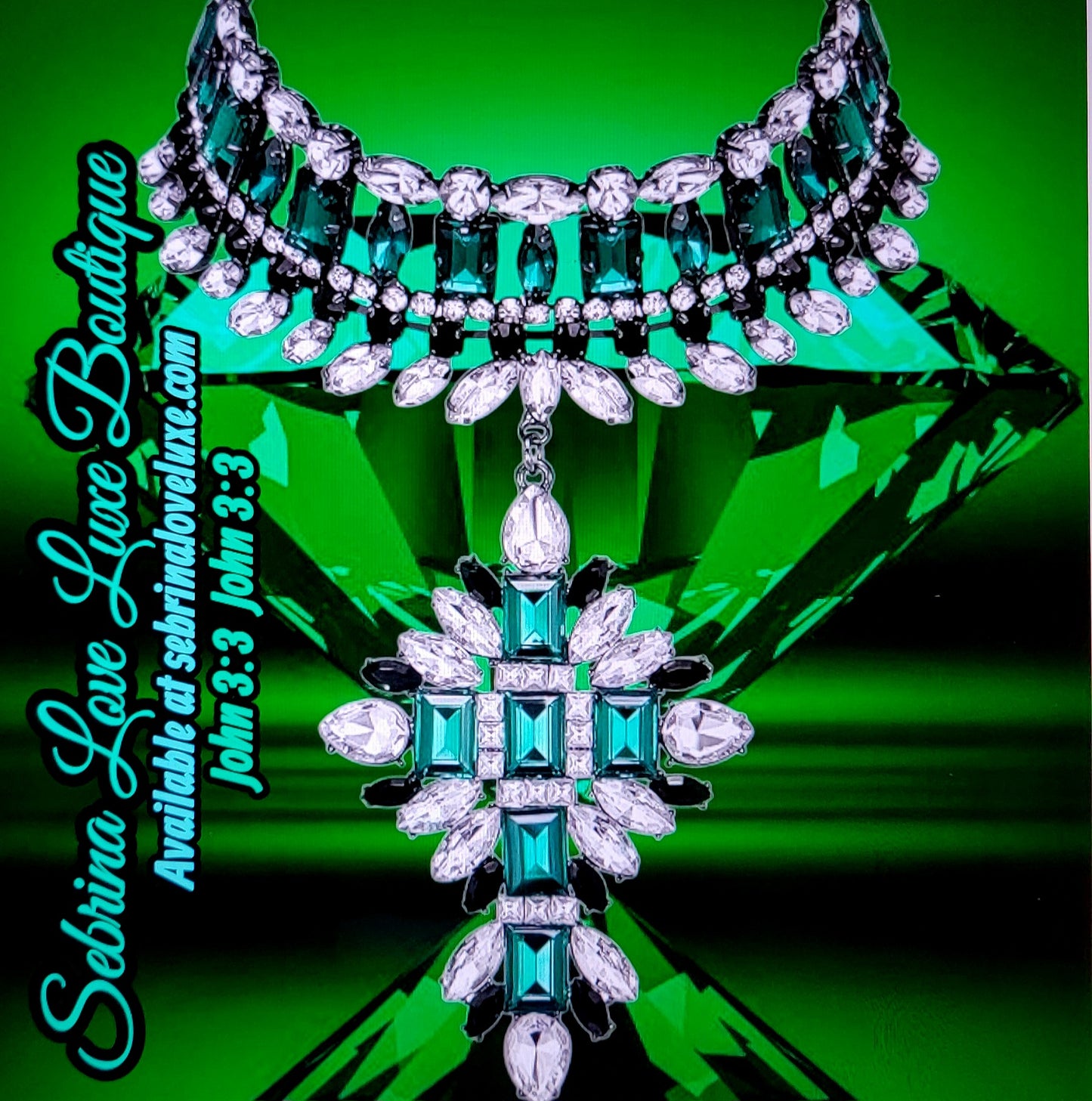 Elegant Green & White Crystal Diamante Rhinestone Bejeweled Cross Collar Necklace