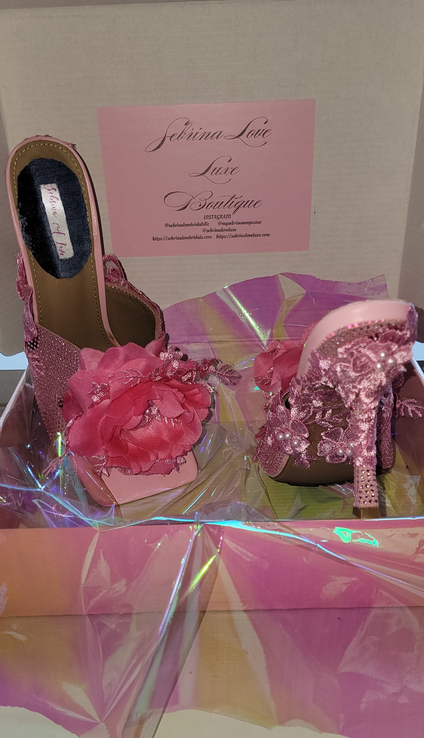 "VANJA" Pink Ice crystal & Rose Lace Mules