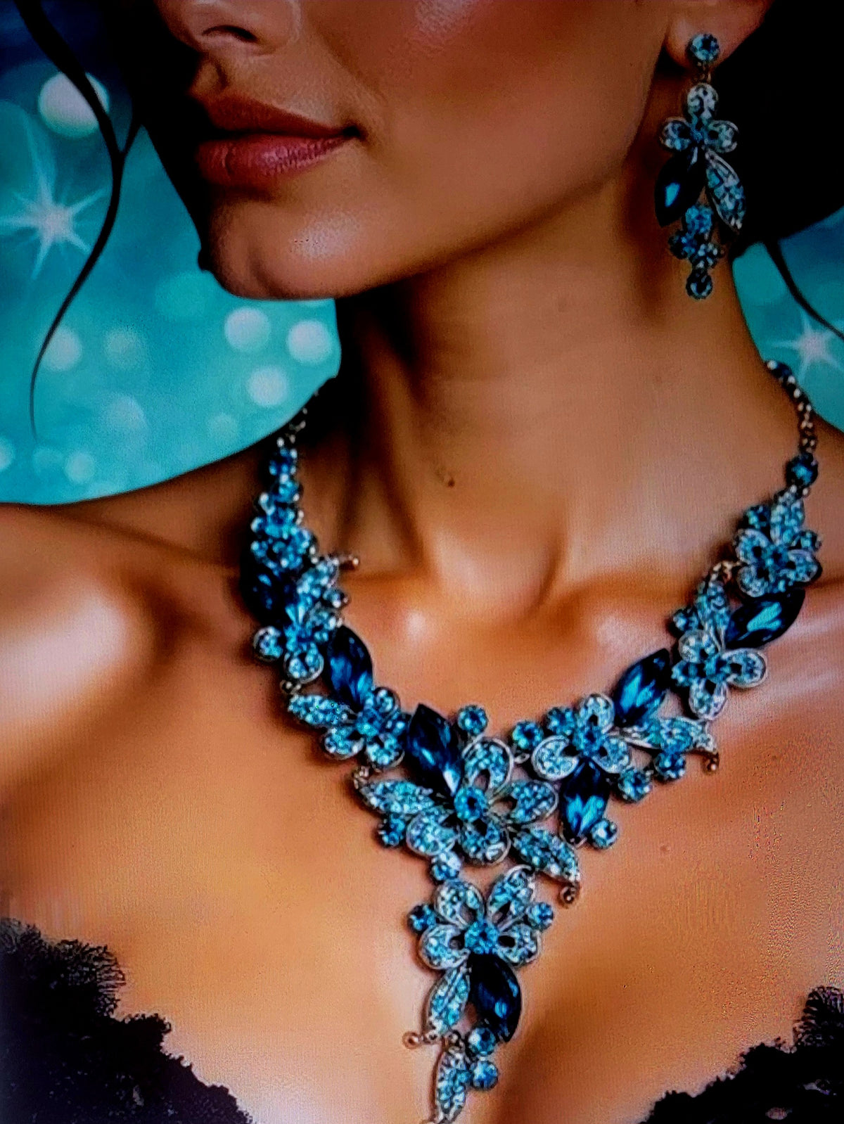 Luxe Vintage Inspired Blue Crystal Diamante Rhinestone Bejeweled Statement Choker Necklace & Earrings Set