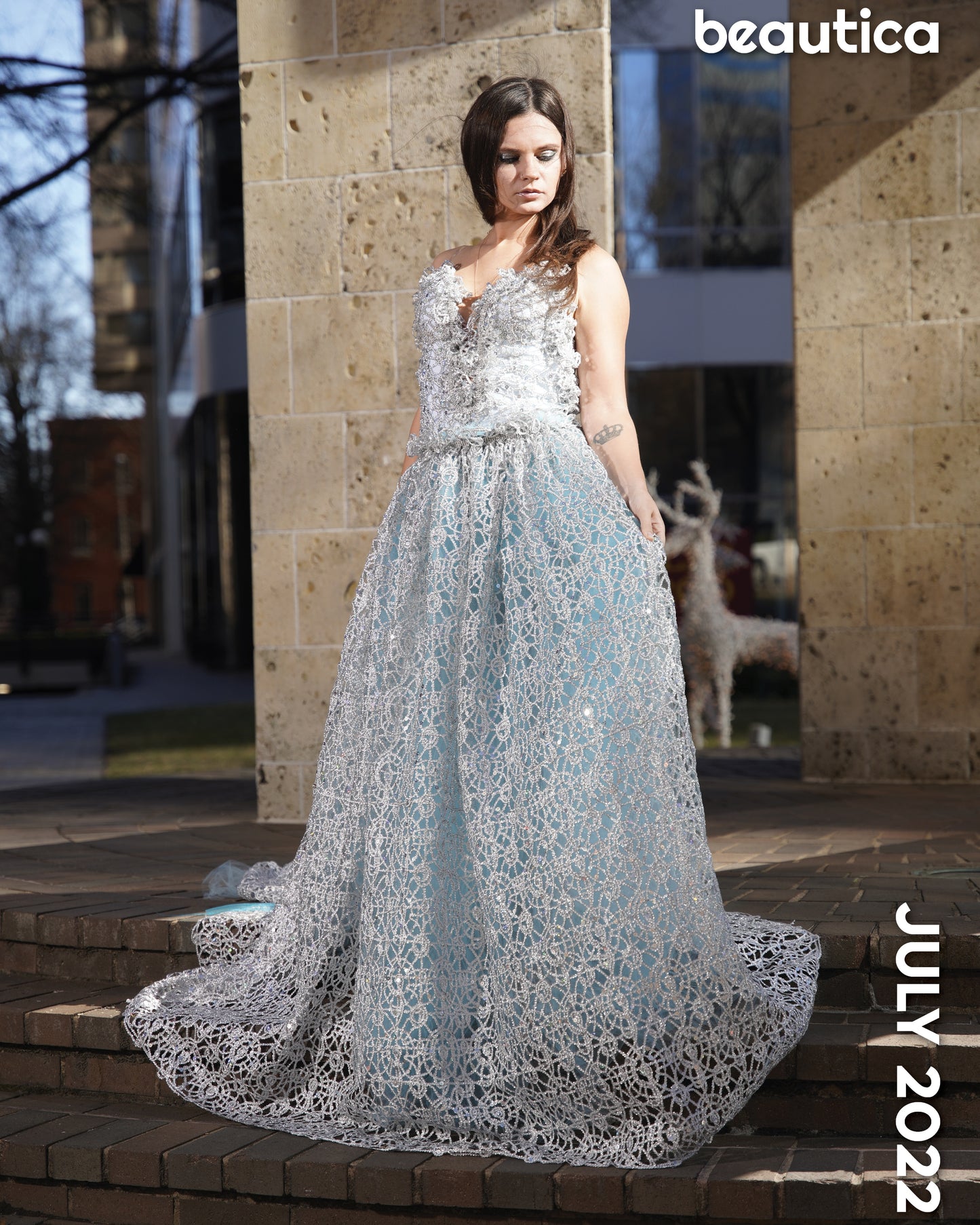 "NIVIA" Silver Lace, Crystal & Blue Tulle Wedding Ballgown Set