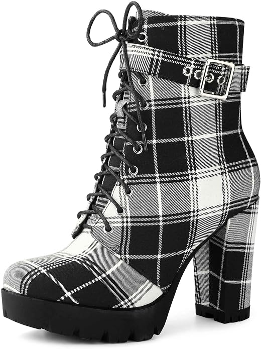 Collegecore Black & White Tartan Plaid Round Toe Platform Combat Ankle Boots