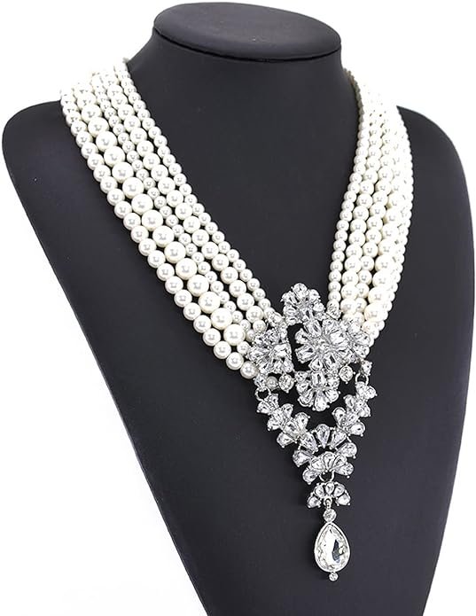 Vintage Inspired Multistrand Faux Pearl Rhinestone Bejeweled Necklace