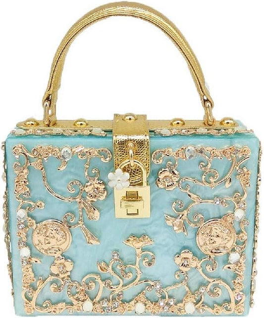 Elegant Ocean Blue Mint Green & Gold Filigree Handbag Clutch Purse