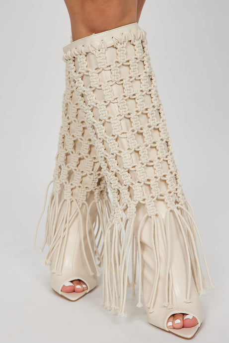 Creamy Ivory Boho Festival Macrame' Knee Boots