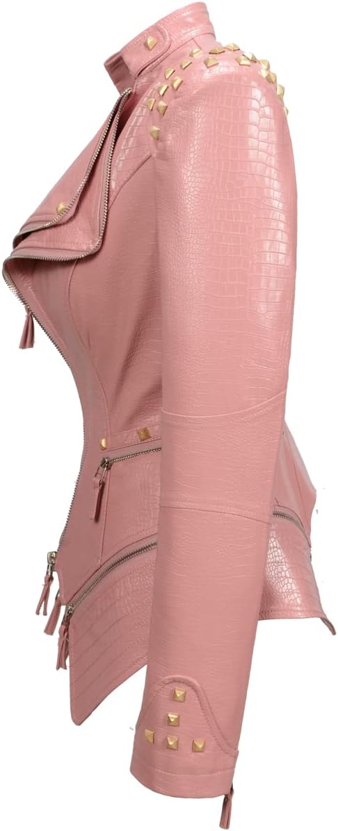 Edgy Pink Studded Faux Leather Rocker Biker Jacket