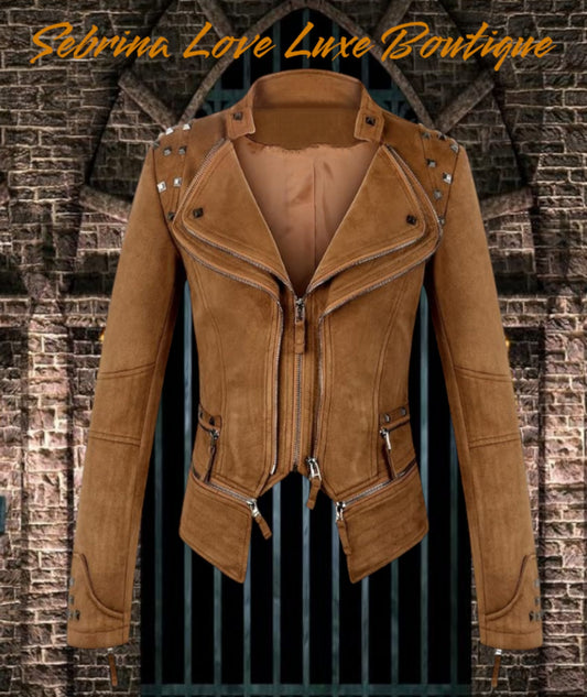 Edgy Walnut Brown Studded Faux Suede Rocker Biker Jacket