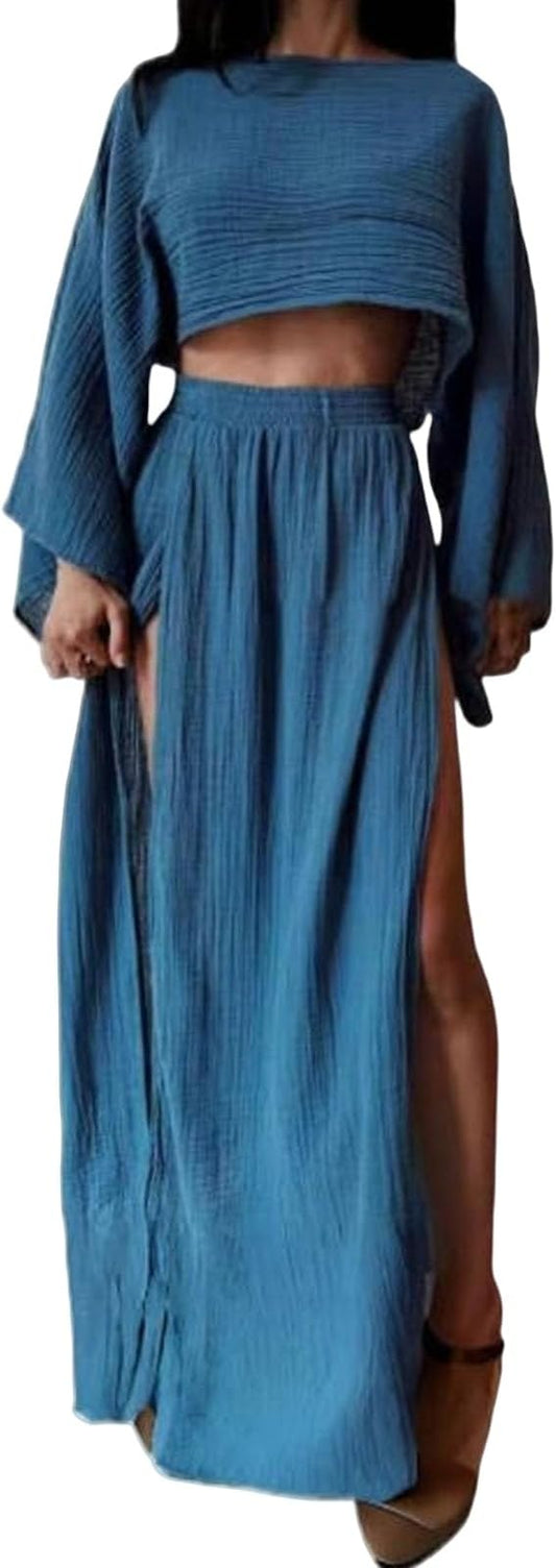 Boho Blue 2 Piece Crop Top & Maxi Skirt Set