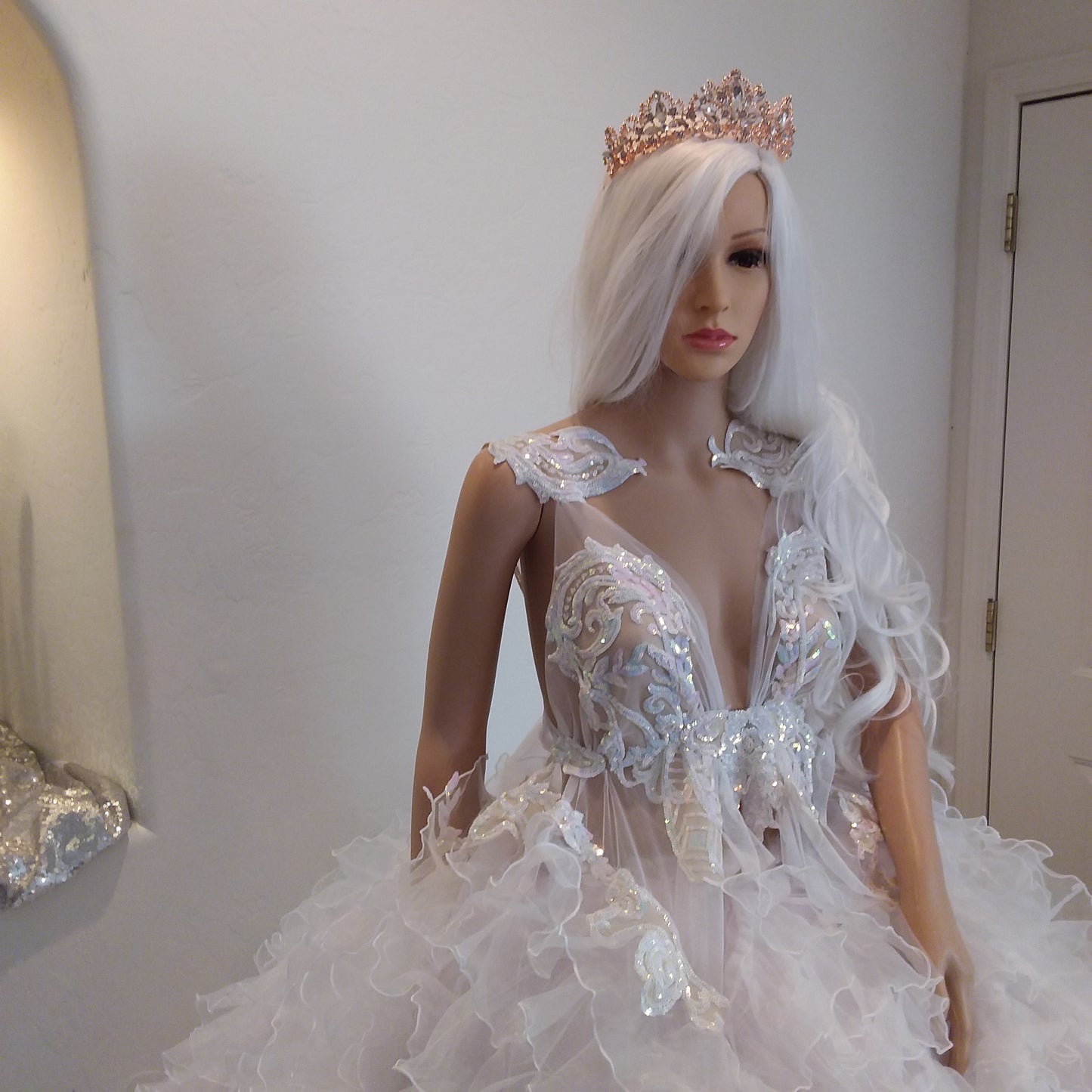 "BELLALUNA" White Ruffled Organza Embroidered Sequin Damask Lace Wedding Ballgown Set