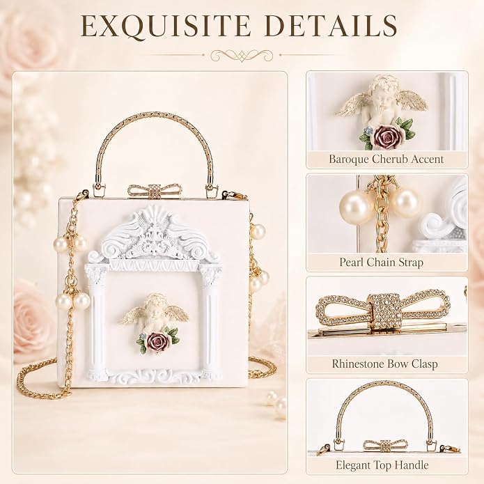 Elegant Ethereal Romance White & Gold Angel Handbag Clutch Purse