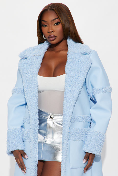 Luxe Baby Blue Faux Leather Faux Shearling Trim Maxi Coat