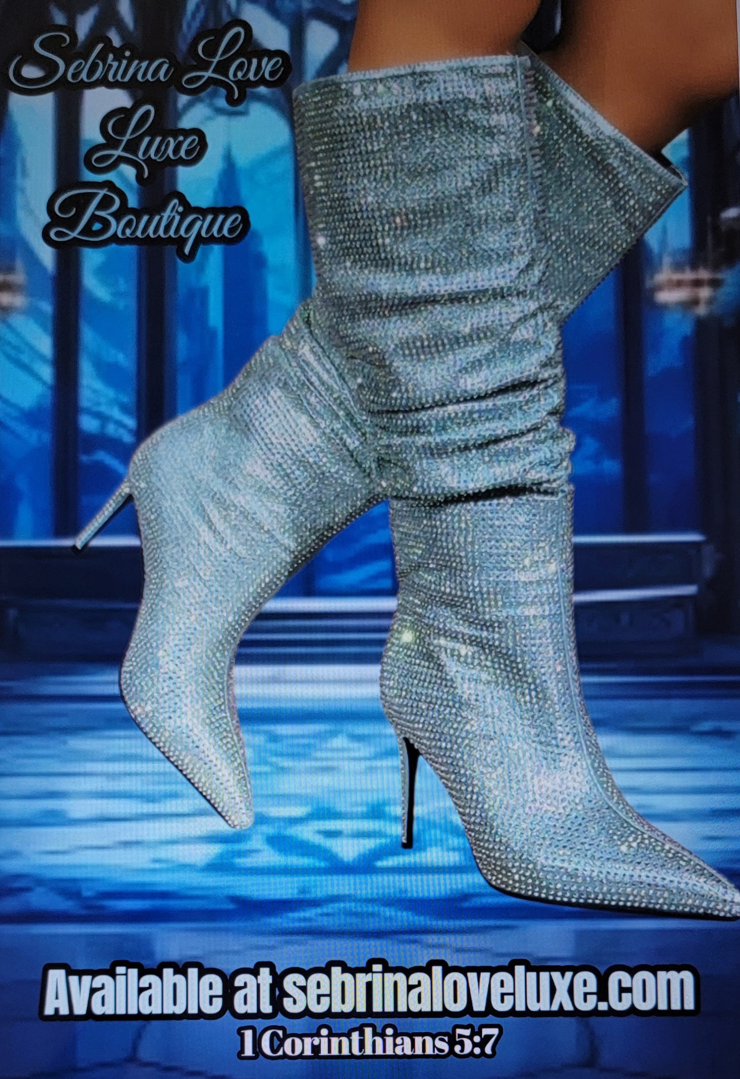 Light Blue Rhinestone Crystal Diamante Knee Boots (PRE-ORDER)