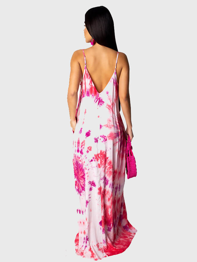 Hippie Boho Festival Pink Tie Dye Maxi Dress