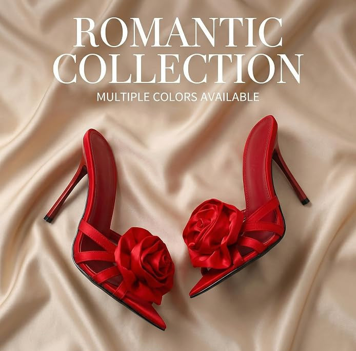 Flirty Romantic Red Satin Rose Embellished Mules