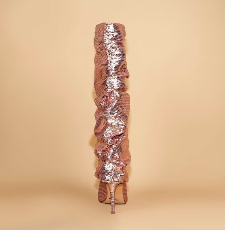 Sexy Metallic Rose Gold Sparkly Slouchy Knee Boots