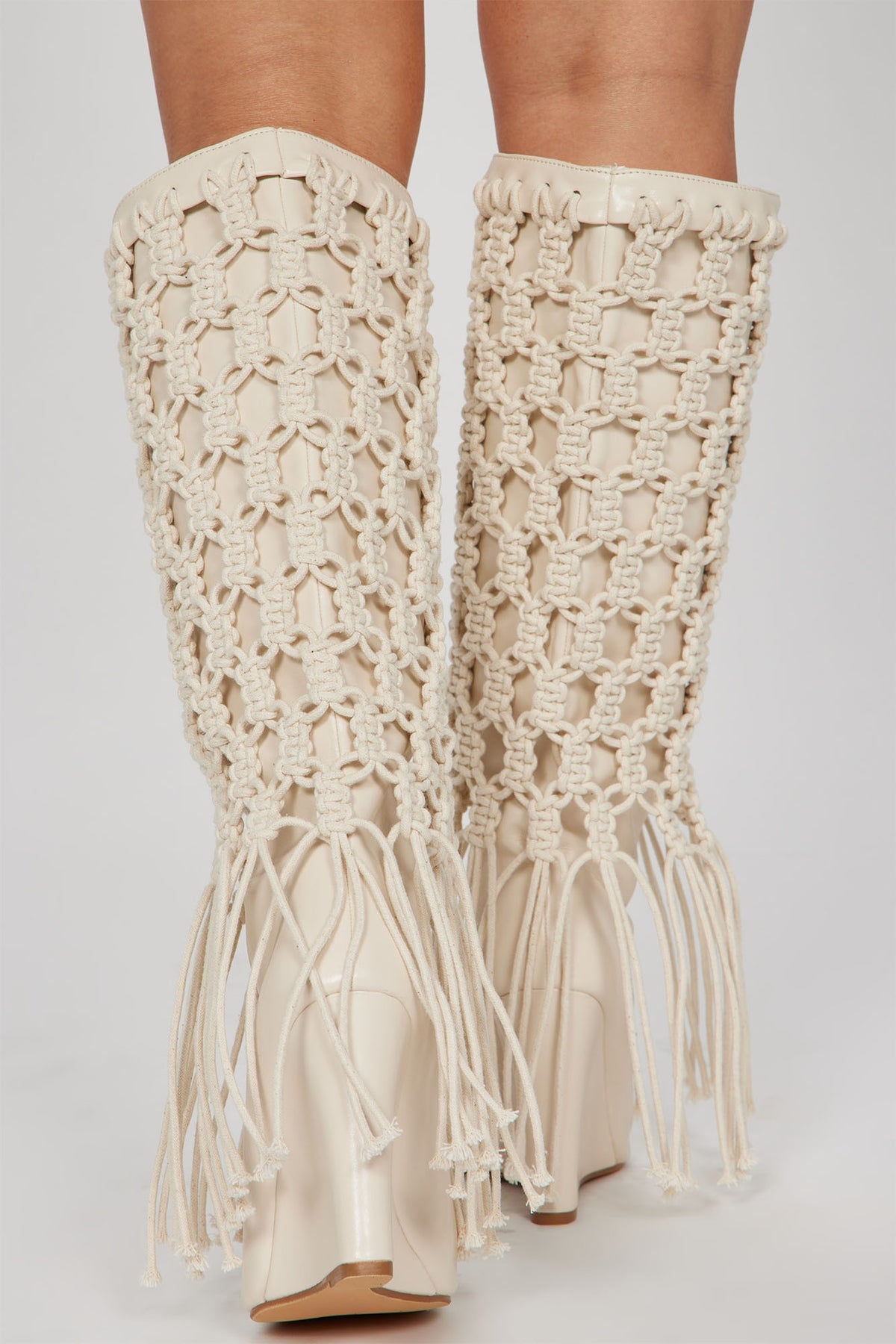 Creamy Ivory Boho Festival Macrame' Knee Boots