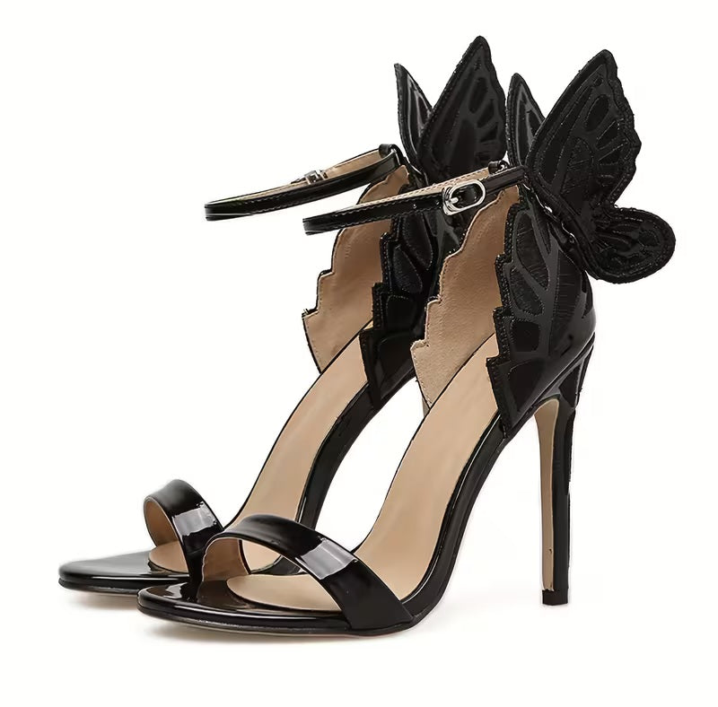 Ethereal Black Sparkling Butterfly Ankle Strap Sandal Heels