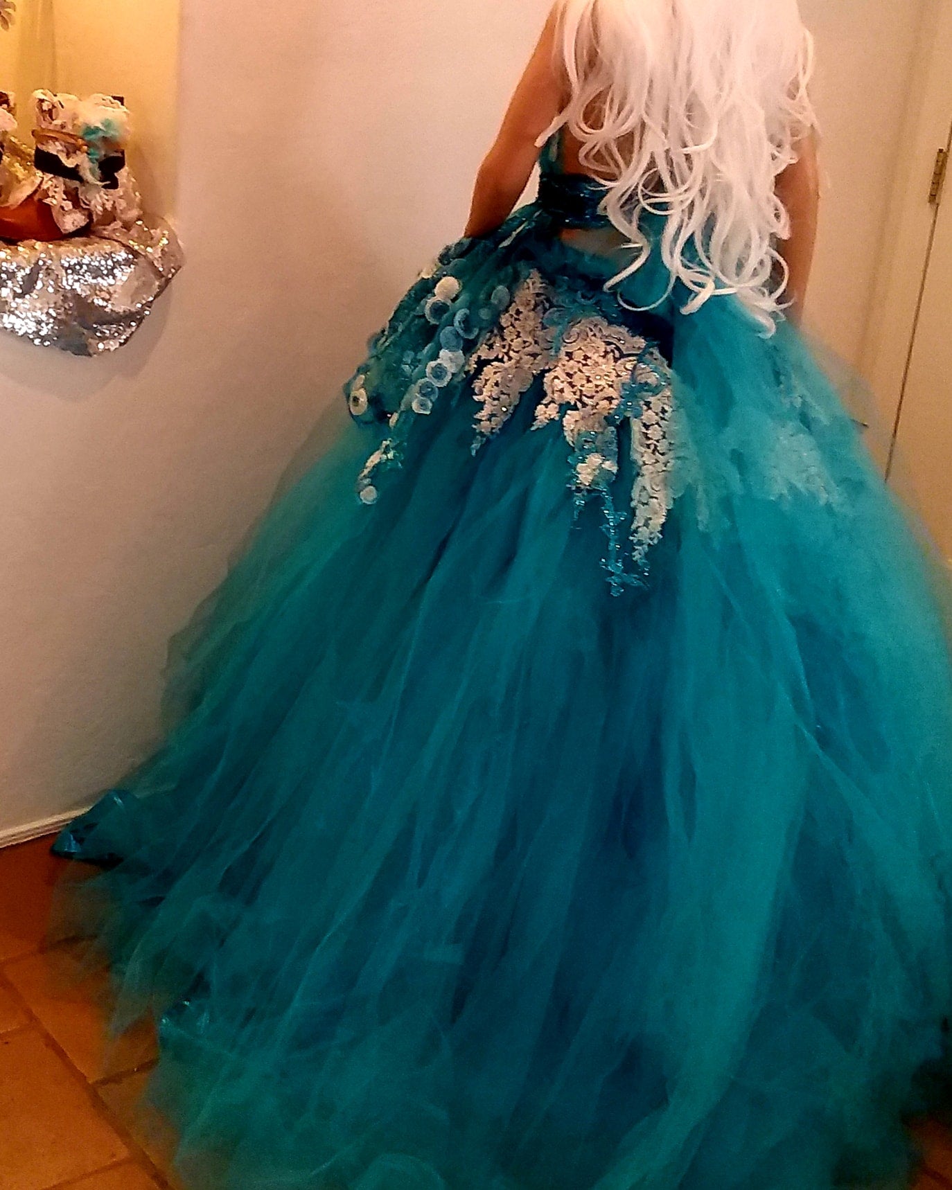 "TAMALA" Turquoise Blue & White Lace & Tulle Wedding Ballgown Set (Custom Order)