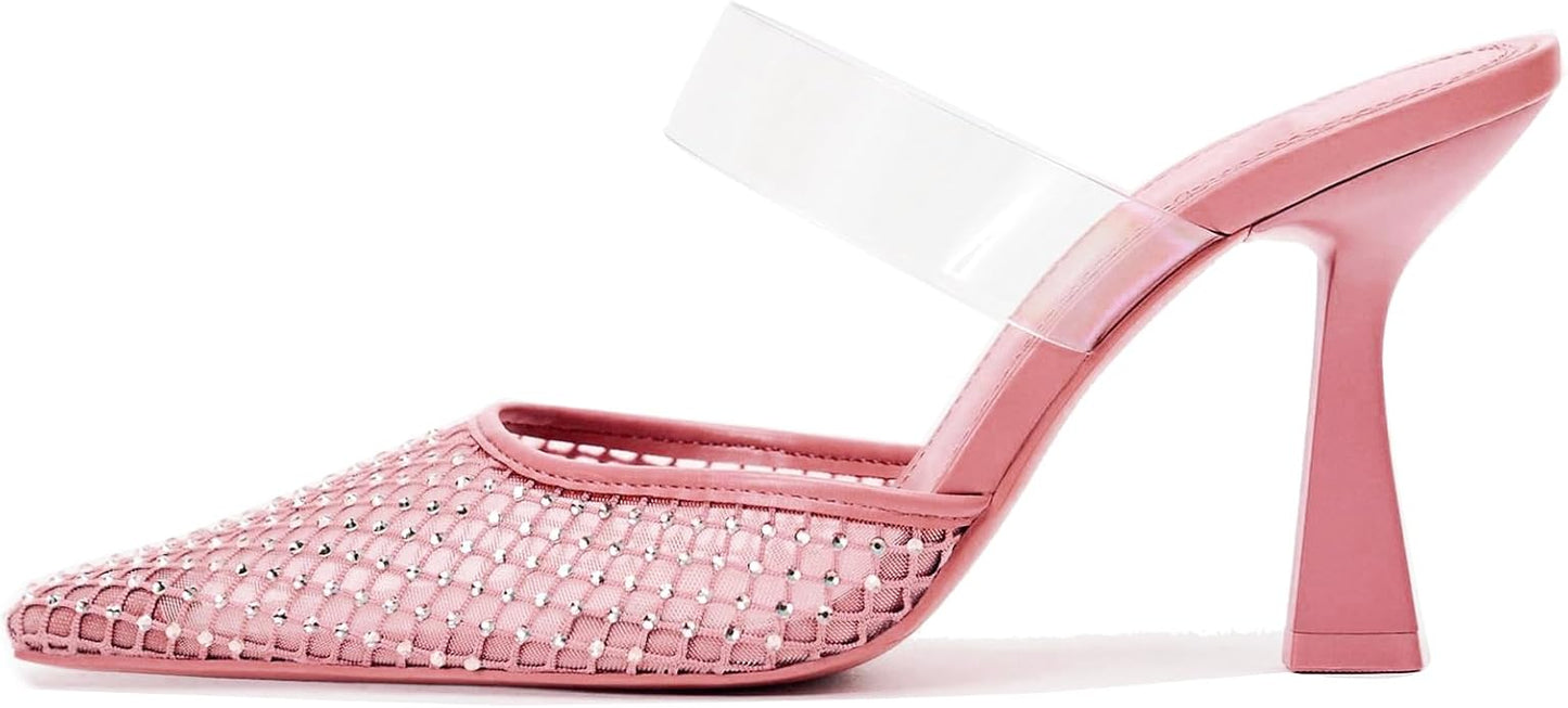 Sexy Pink Rhinestone Crystal Diamante Mesh Mule Heels