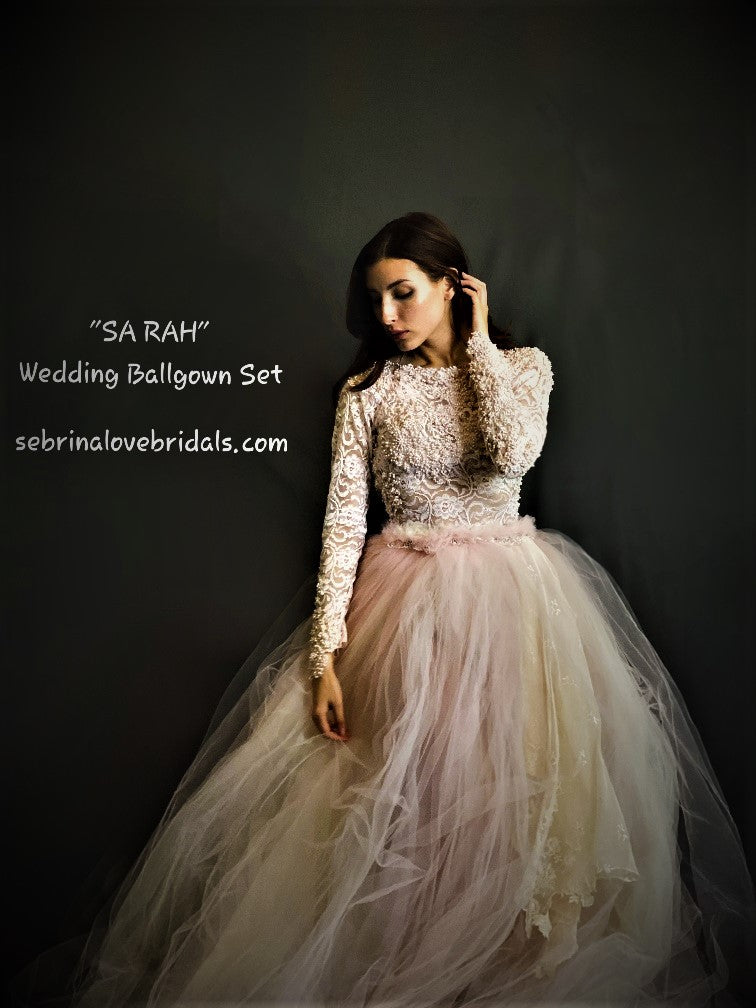 The "SA RAH" Ballerina Inspired Blush Pink & Ivory Lace Pearl Crystal Beaded Tulle Wedding Ballgown Set