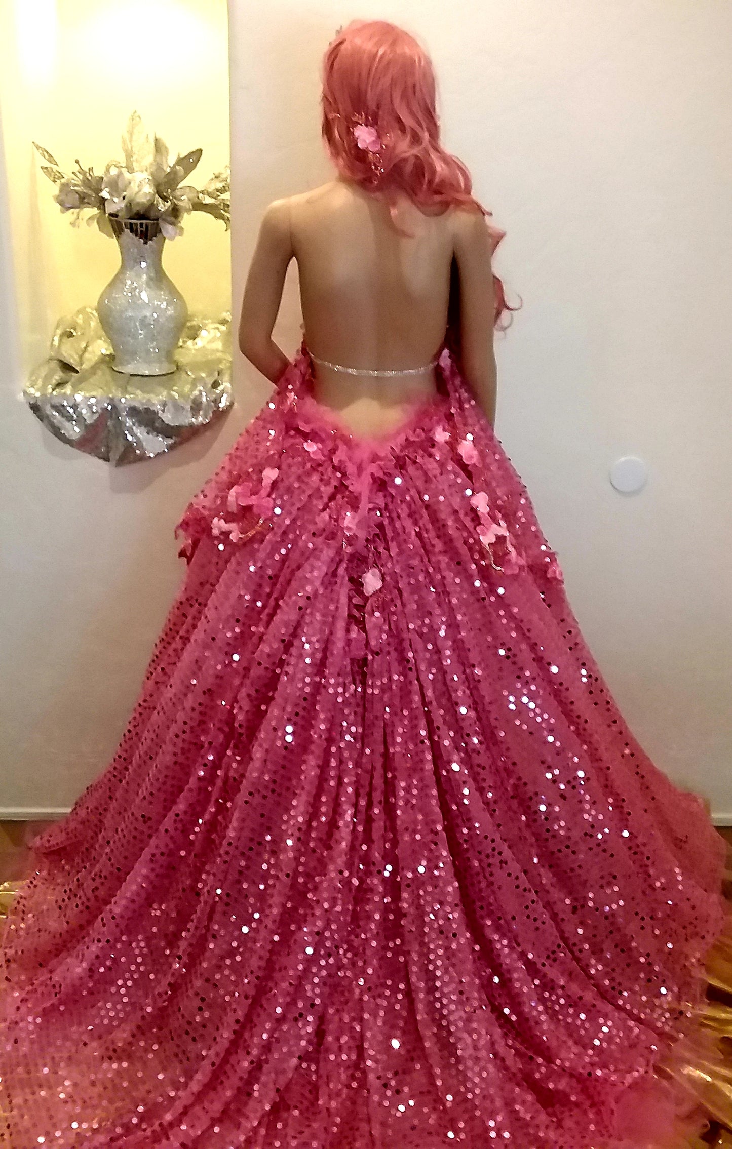 The "SHAYLA" Hot Pink Sequin Lace Crystal Wedding Ballgown Set