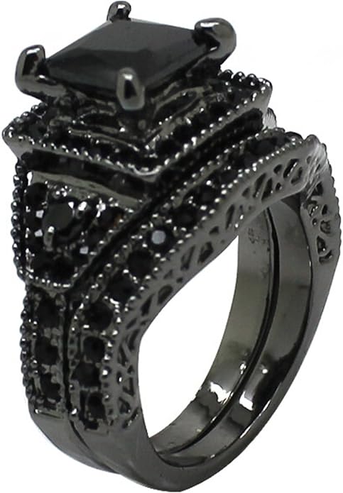 Gorgeous Gothic Romance Black CZ Engagement Ring & Wedding Band Set