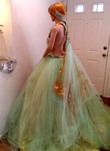 The "ZOEY" Mint Green Tulle Crystal Embroidered Gold Lace Wedding Ballgown Set (Custom Order)