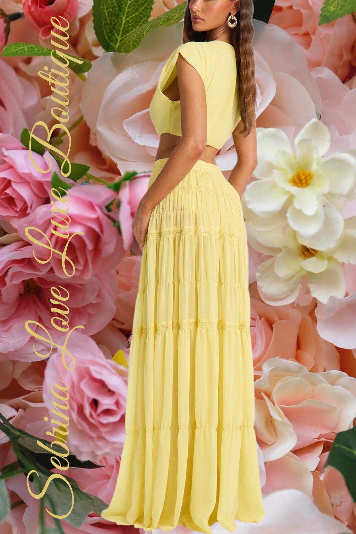 Romantic Yellow Chiffon Plus Crop Top & Maxi Skirt Dress Set