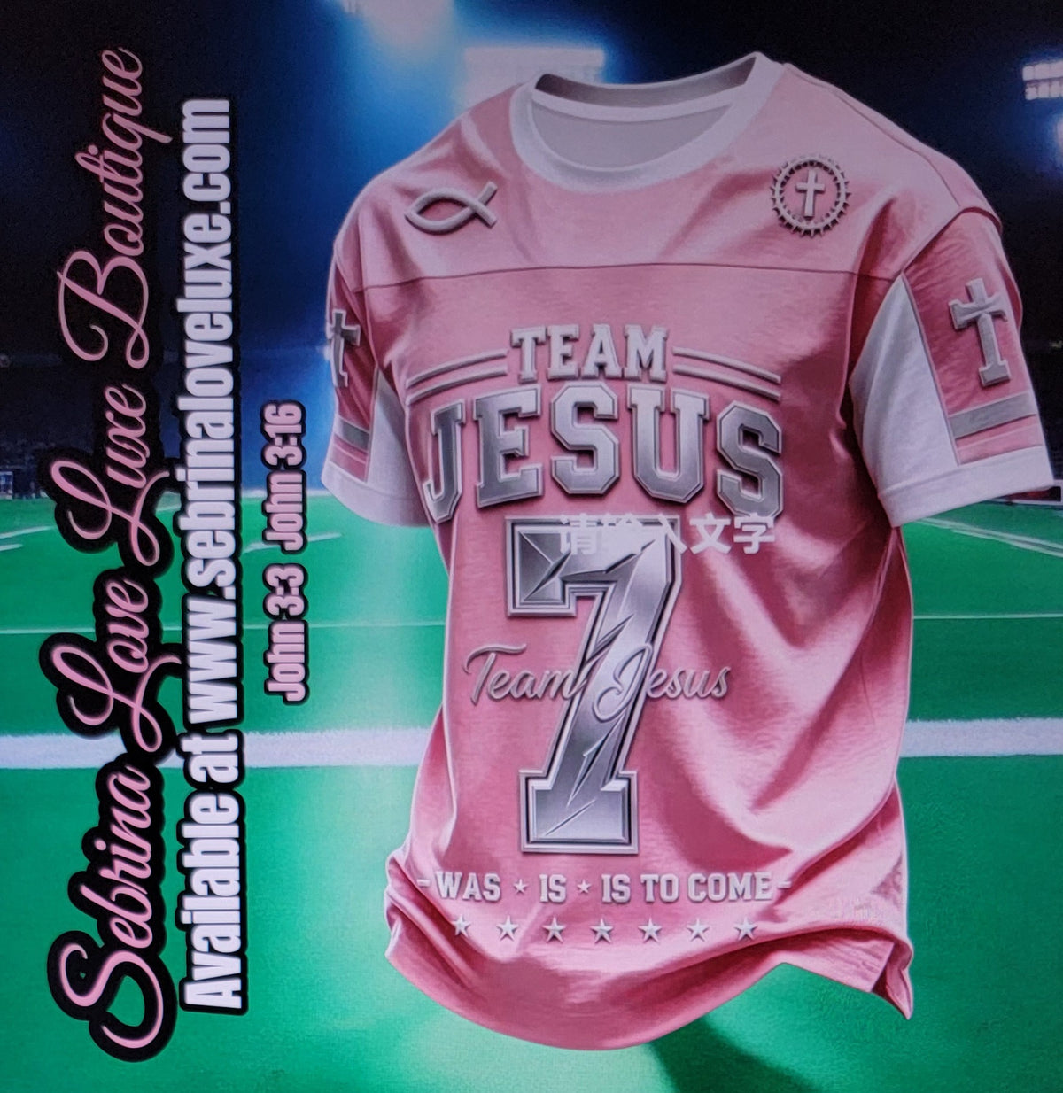 Inspirational "TEAM JESUS" Christian Printed Graphic Soft Pink & White Scripture Short Sleeve Football Jersey
