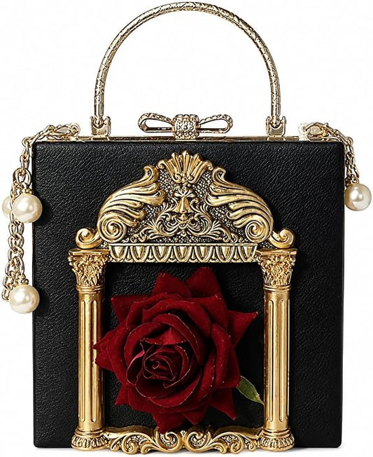 Elegant Gothic Romance Black & Gold Red Rose Handbag Clutch Purse
