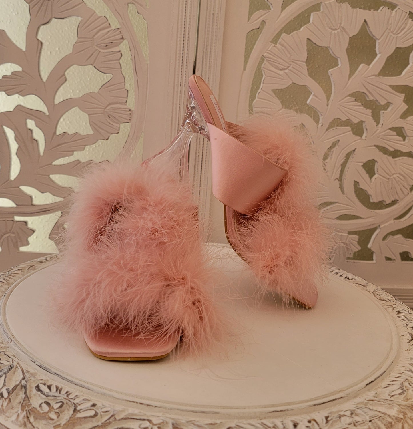 "LADY HELENA" Blush Feather Crystal Satin Clear Heel Mules