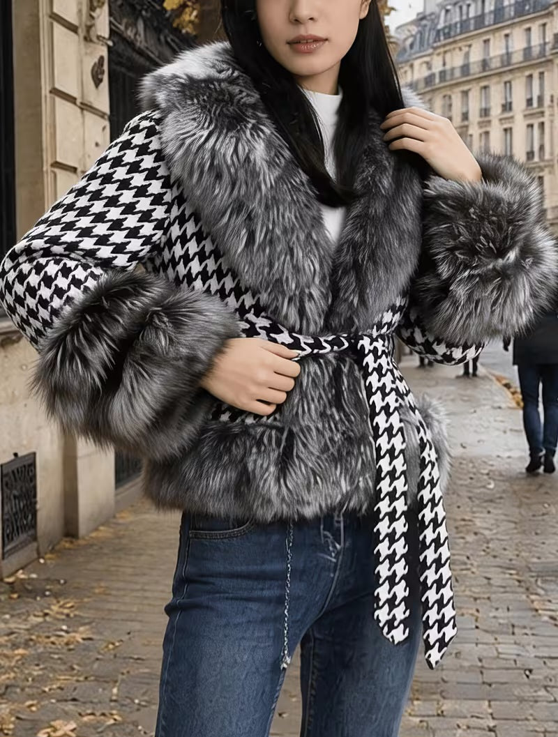 Luxe Black & White Houndstooth Print Faux Fur Trim Sweater Jacket