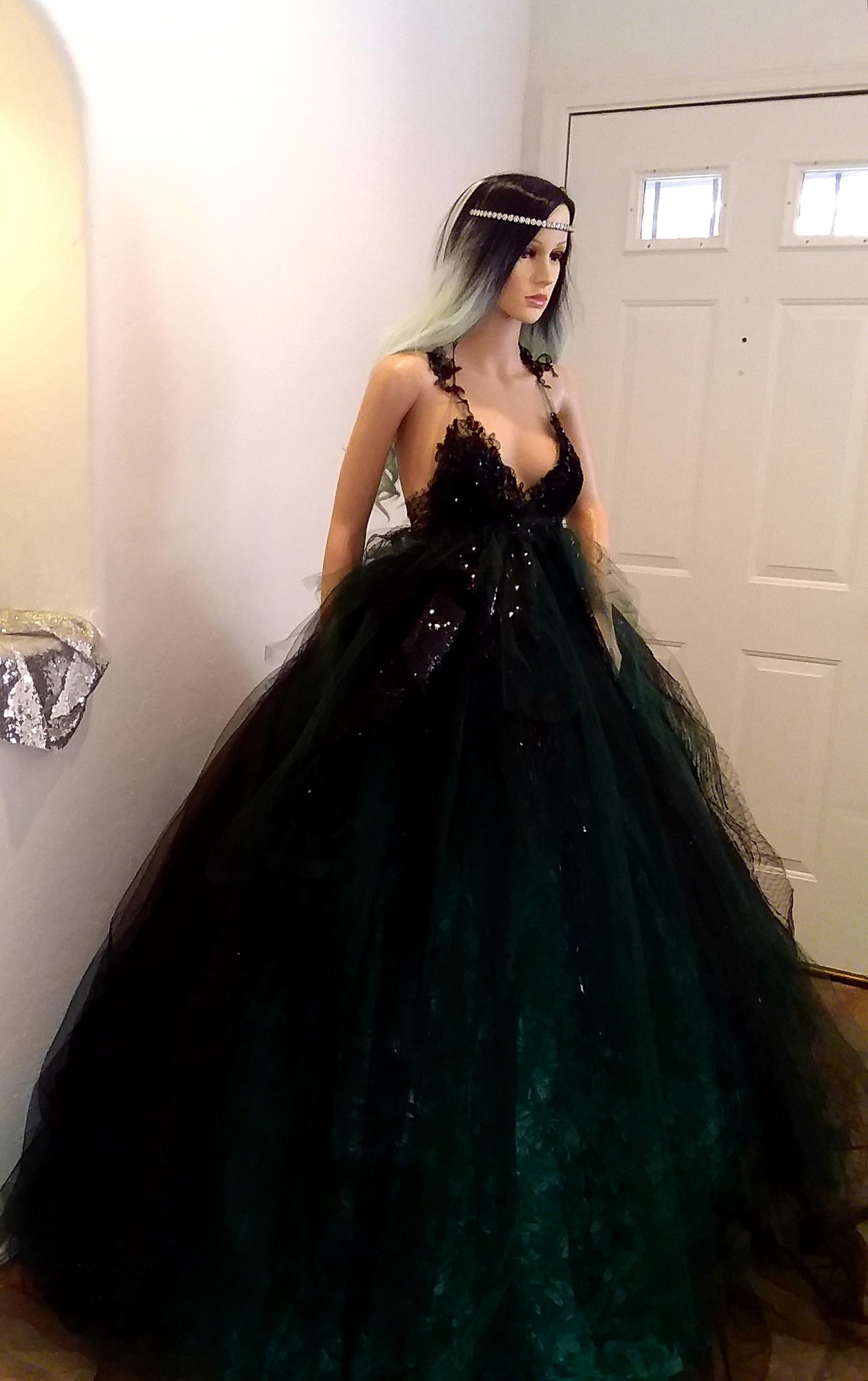 "ESPERANZA" Gothic Romance Black & Green Sequin Lace Tulle 3D Rosette Wedding Ballgown Set (SAMPLE GOWN SET)